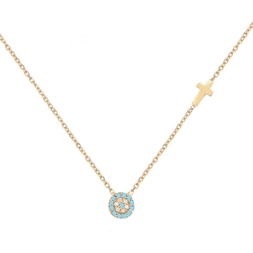 Turquoise eye and cross Necklace Gold Pl 925