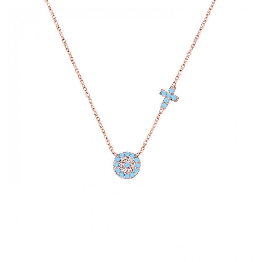Turquoise Eye and Cross Necklace Rose Gold Pl 925