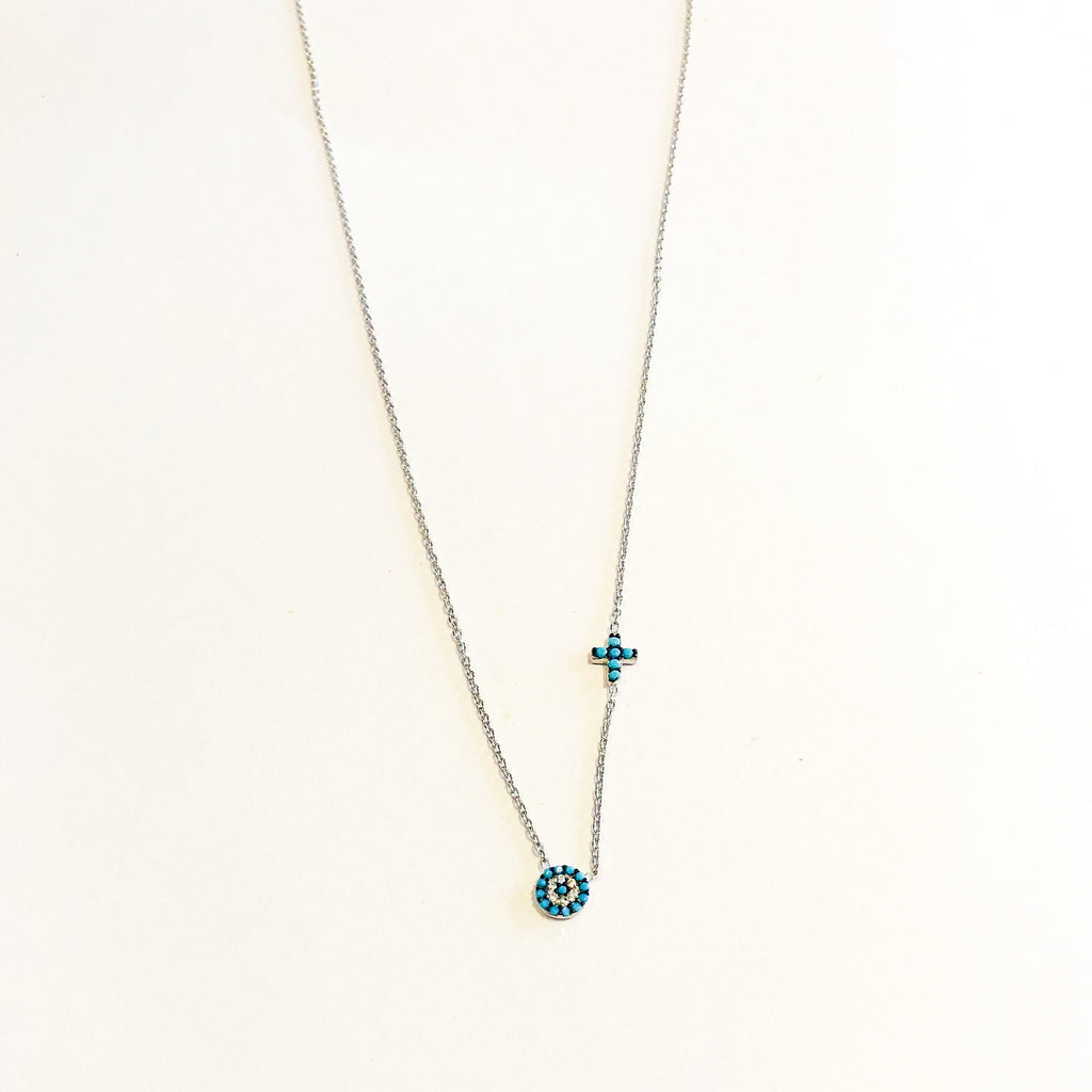 Small Turquoise Eye and Cross Necklace - Silver