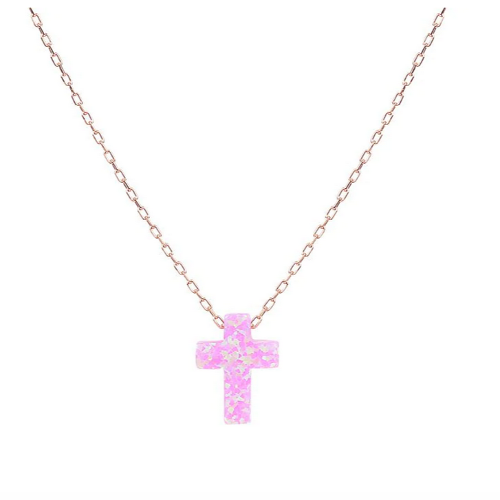 Opalite Pink Cross Necklace Rose Gold 925