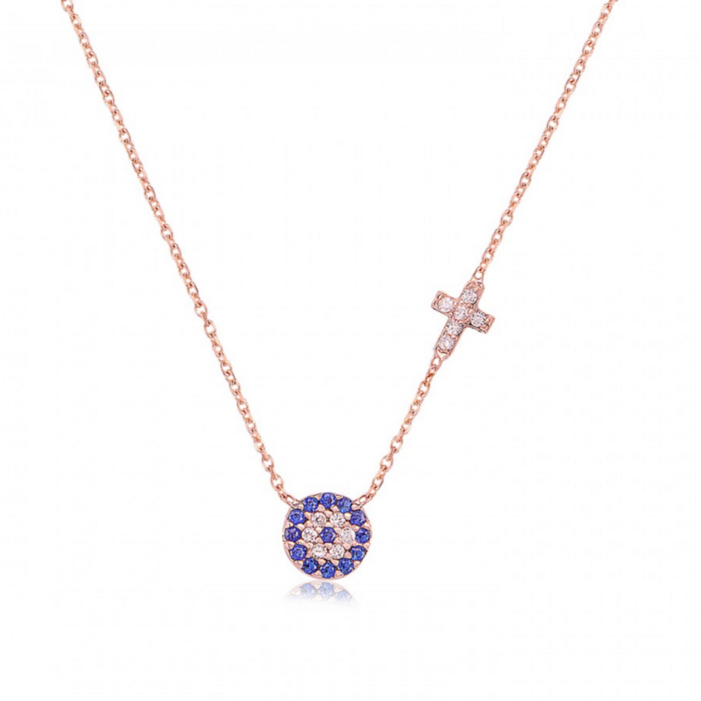 Blue Eye with Diamond Cross Rose Gold Necklace 925