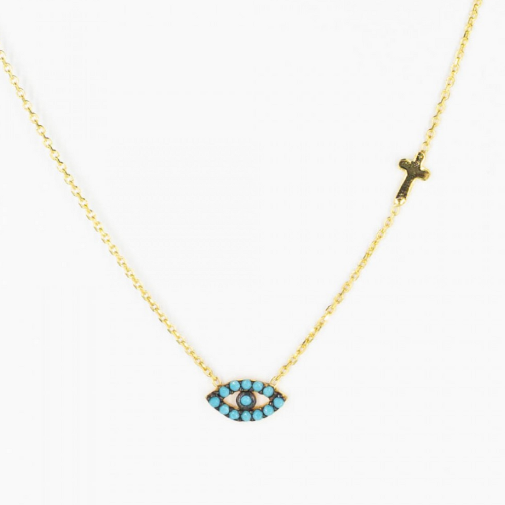 Turquiose Almond Eye and Cross Gold Necklace 925