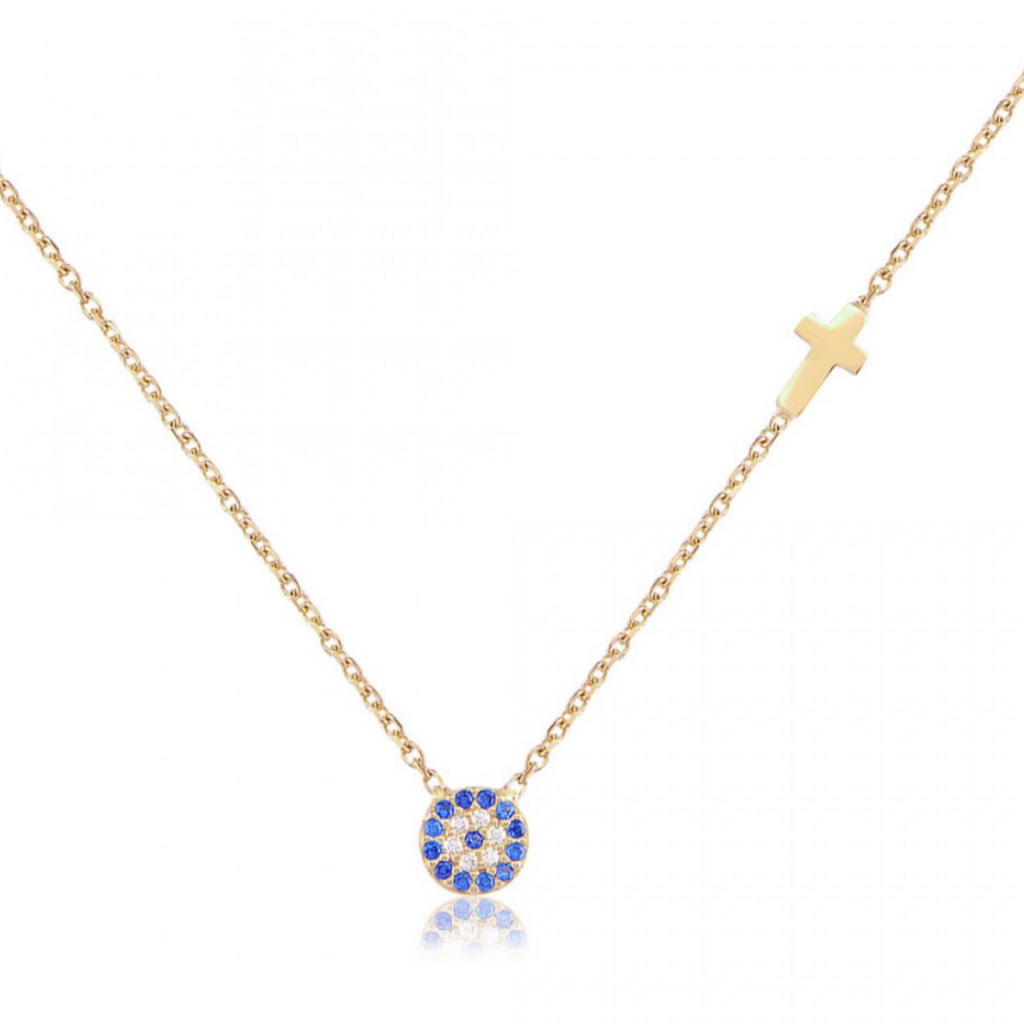 Blue Eye with Diamond Cross Gold Necklace 925